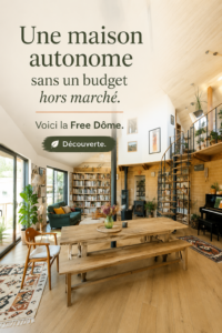 Une illustration de la Free Dôme, une maison autonome moderne et accessible, entourée de verdure.