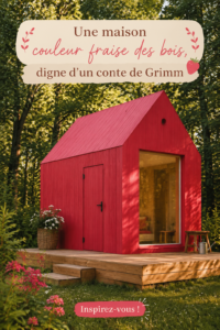 Maison colorée en rouge fraise des bois, inspirée des contes de Grimm, avec un jardin enchanteur