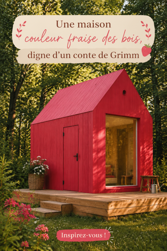 Maison colorée en rouge fraise des bois, inspirée des contes de Grimm, avec un jardin enchanteur