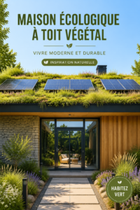 Maison moderne avec un toit vert et panneaux solaires, emblème de la durabilité et de l'écologie.