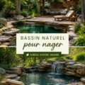 Vue d'une piscine naturelle entourée de végétation luxuriante dans un jardin