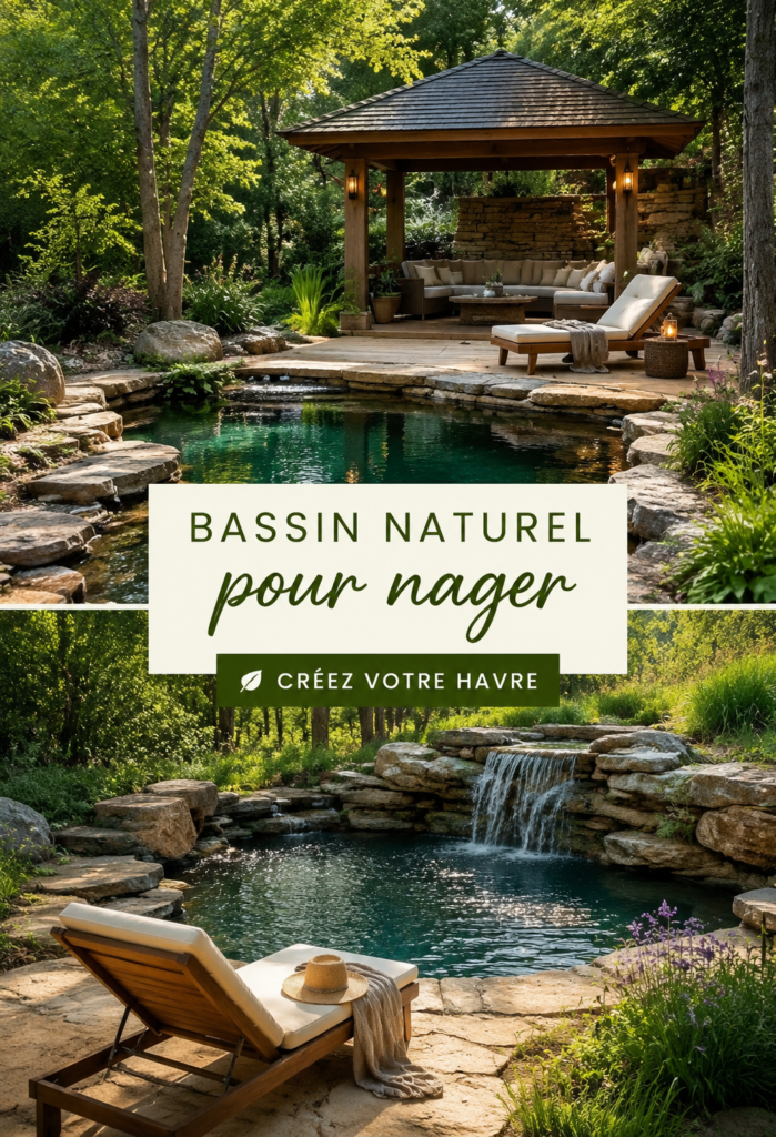 Vue d'une piscine naturelle entourée de végétation luxuriante dans un jardin
