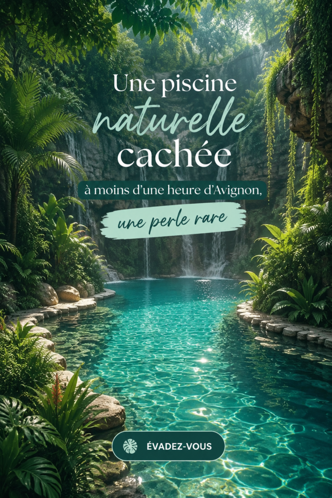 Une vue panoramique d'une piscine naturelle près d'Avignon, entourée de verdure
