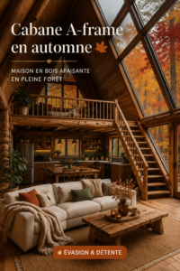 Cabane A-frame cosy en automne entourée de feuillage coloré