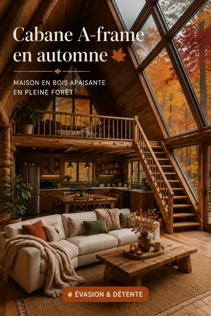 Cabane A-frame cosy en automne entourée de feuillage coloré