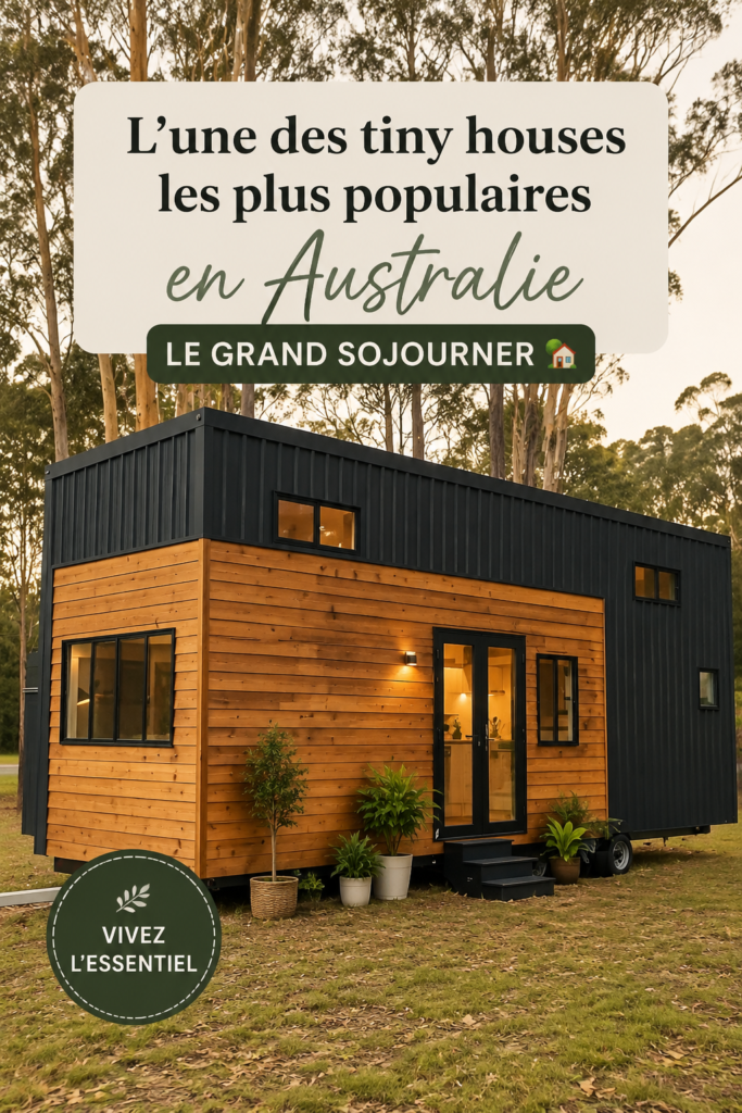 Vue extérieure de la Grand Sojourner, une charmante tiny house australienne entourée de nature.