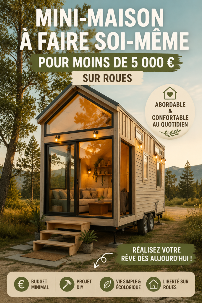 Image d'une tiny house sur roues, petite et accueillante construite à petit prix.