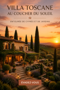 Image d'une villa toscane au coucher de soleil, entourée de cyprès et de jardins luxuriants.