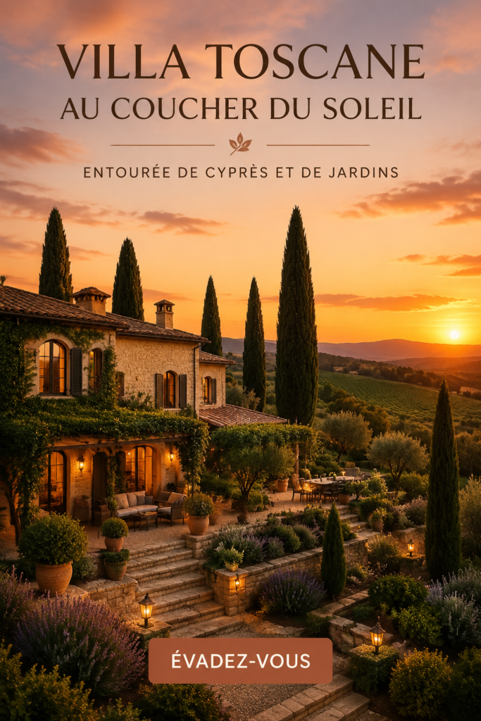 Image d'une villa toscane au coucher de soleil, entourée de cyprès et de jardins luxuriants.